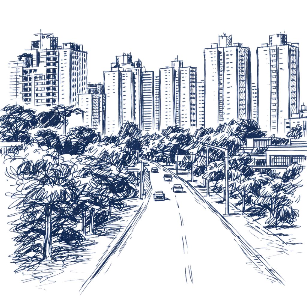 Ilustração em azul de uma avenida arborizada com prédios ao fundo